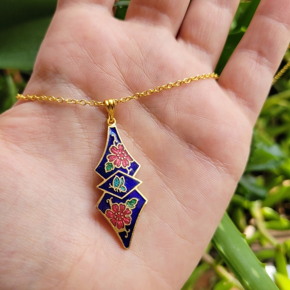 Vintage 10K GP Floral Butterfly Geometric Necklace - Picture 7 of 10